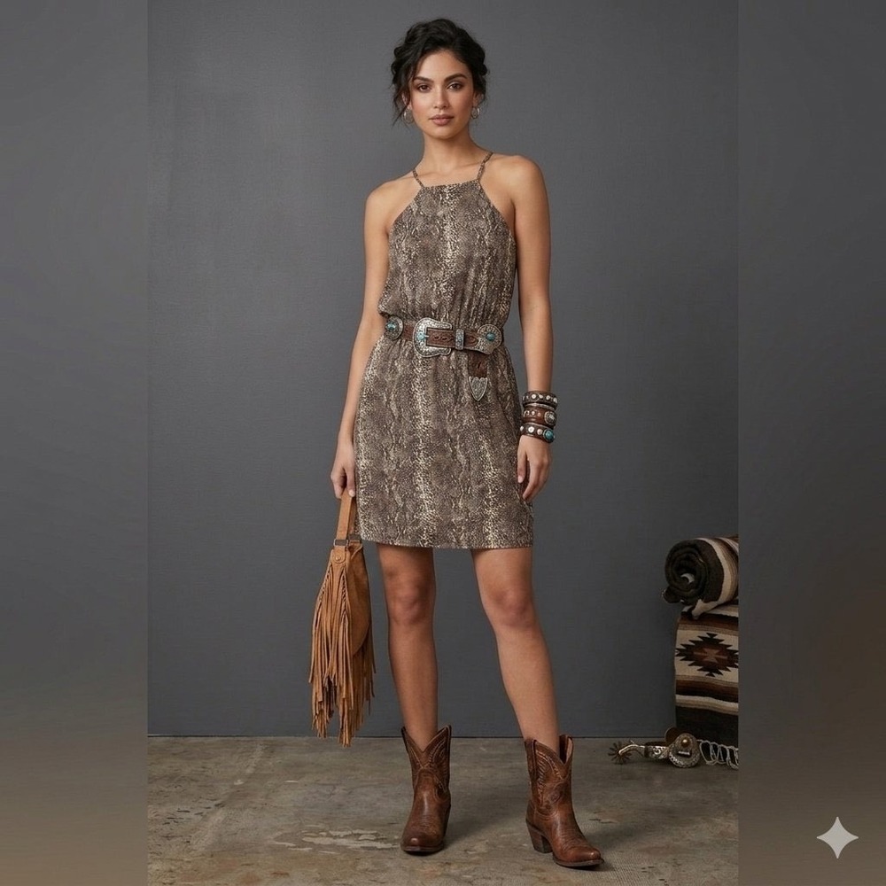 MM Couture by Miss Me Snake Print Halter Mini Dress Brown Tan Small MMCD2337